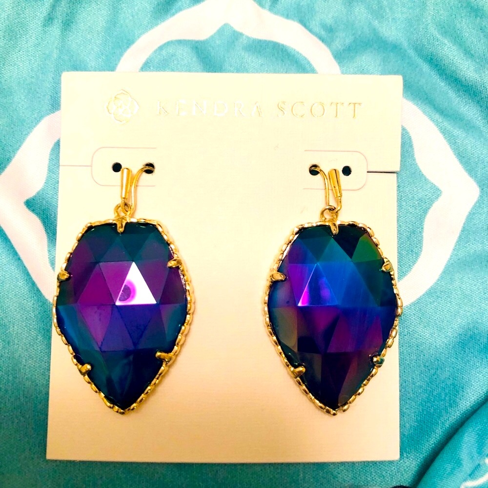 RARE & RETIRED Kendra Scott Corley Earrings Cobalt Iridescent Yellow Gold GORG! - Picture 6 of 13